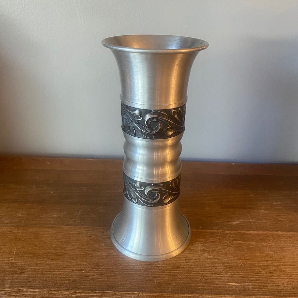 Haugrud Pewter Bud Vase Silver‎ Excellent Scrollwork Relief Norway